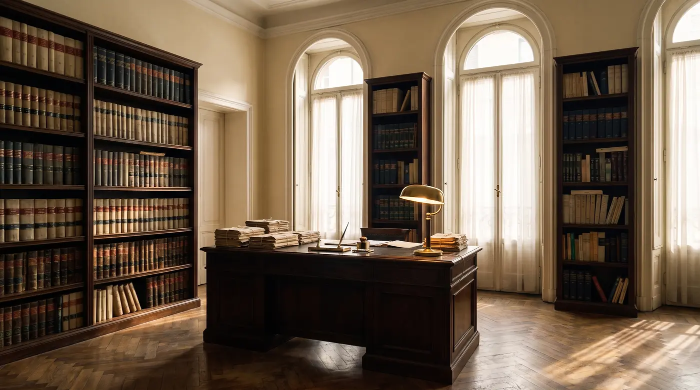 Studio professionale milanese con libreria giuridica e luce naturale