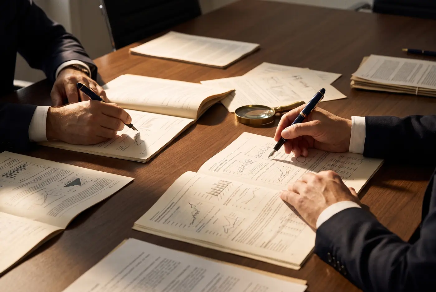 Tavolo riunioni con perizie e mani al lavoro