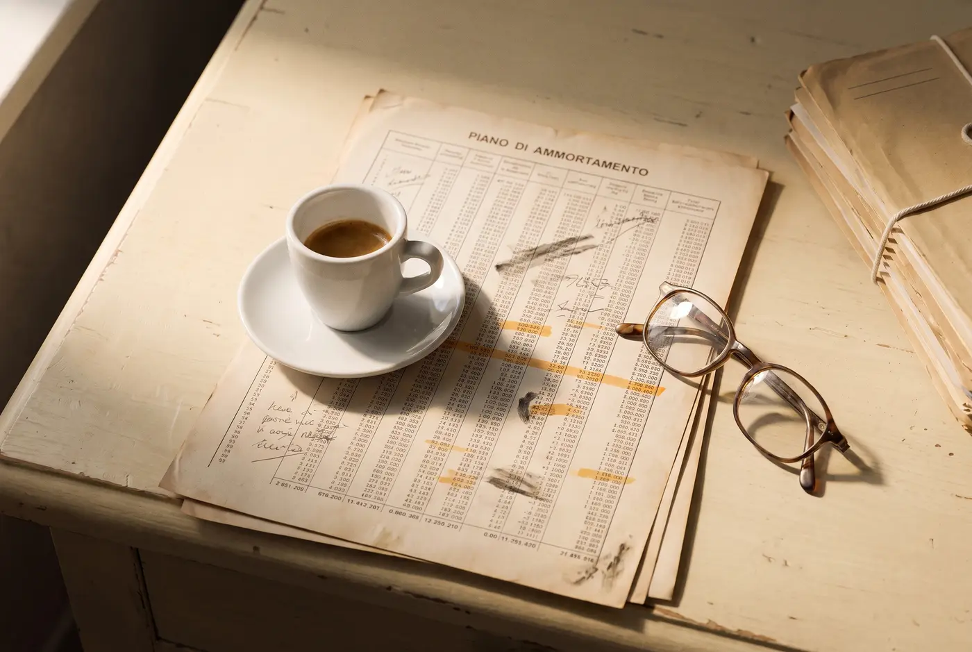 Tazzina di caffè su documenti annotati