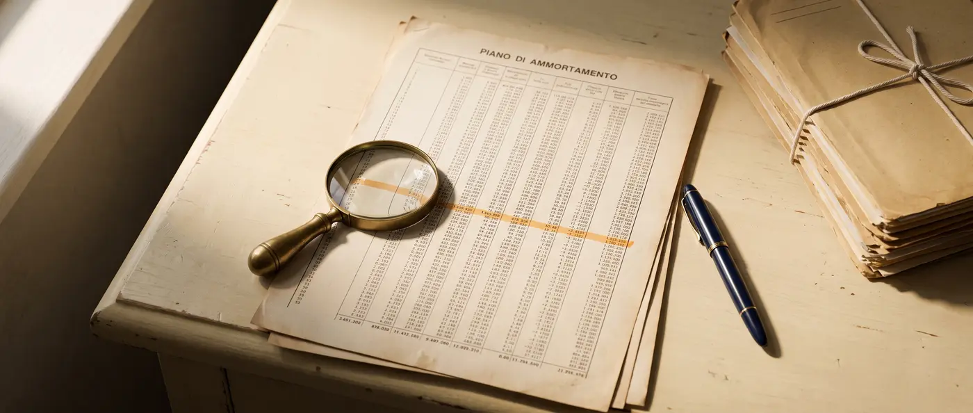 Piano di ammortamento sotto la lente d'ingrandimento, su una scrivania d'archivio